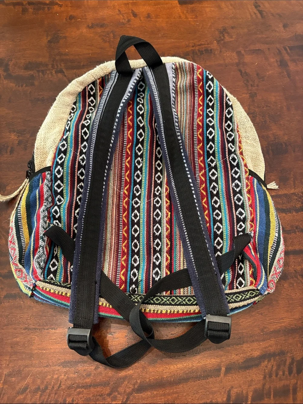 Pure World Natural Multi-Stripe Boho Backpack - Natural & Red Accents